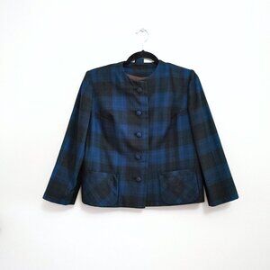 Vintage Highland Queen 100% Wool 60s Blazer w/Tie Size 14 Blue Green Black Plaid